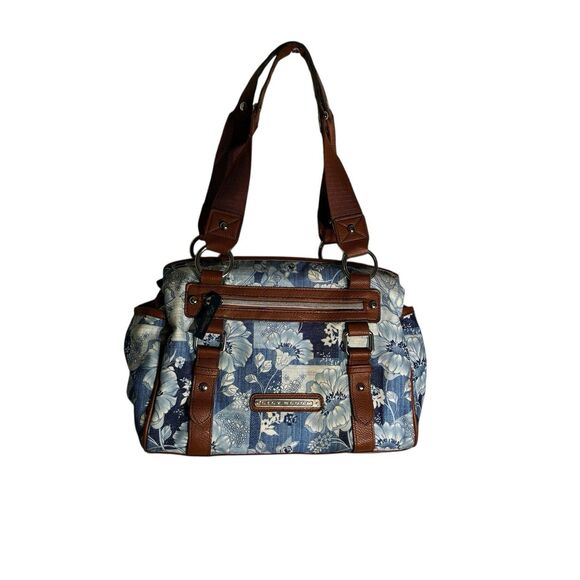 Lily Bloom Blue and White Floral Print. Brown Straps And Trim. Silver Hardware - Picture 1 of 10